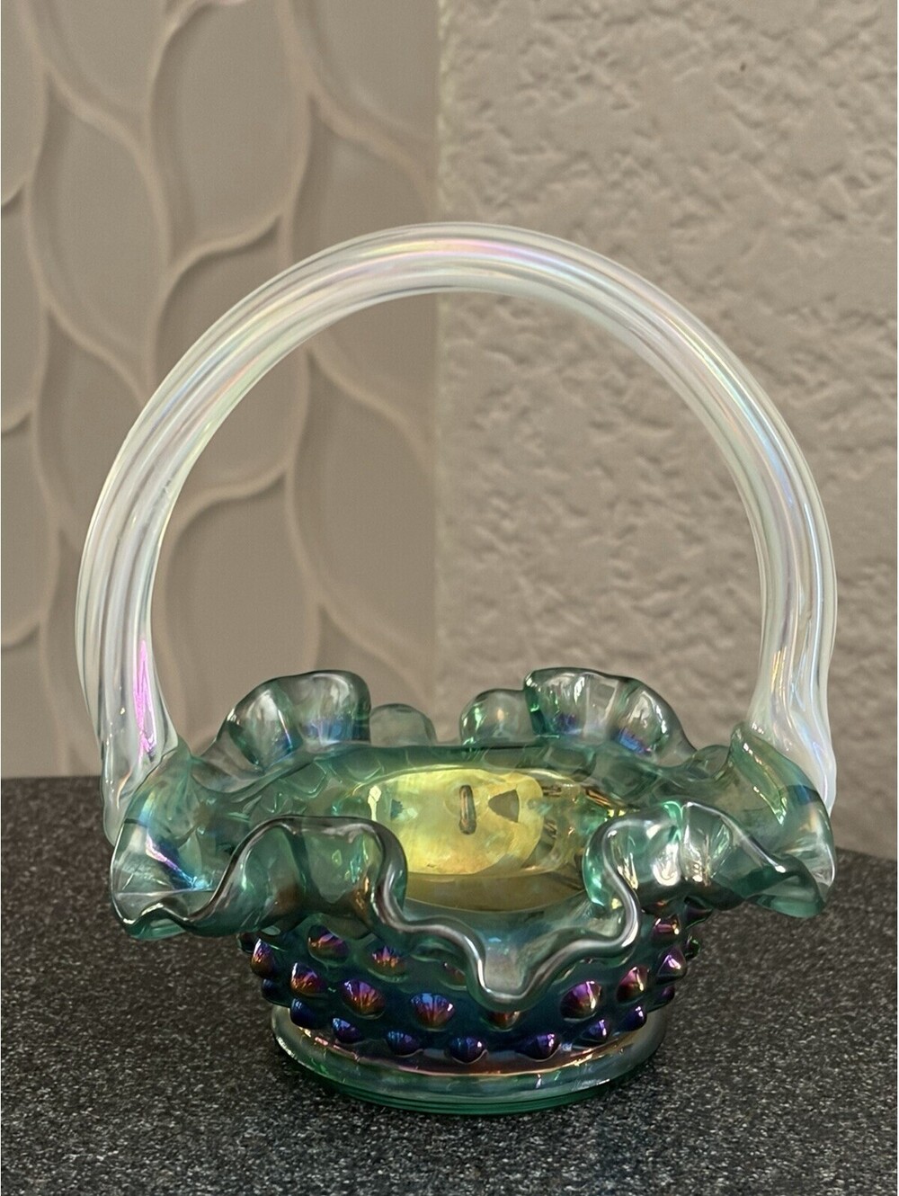 Vintage Fenton Opalescent Teal Carnival Hobnail Ruffled Rim Mini Basket EUC